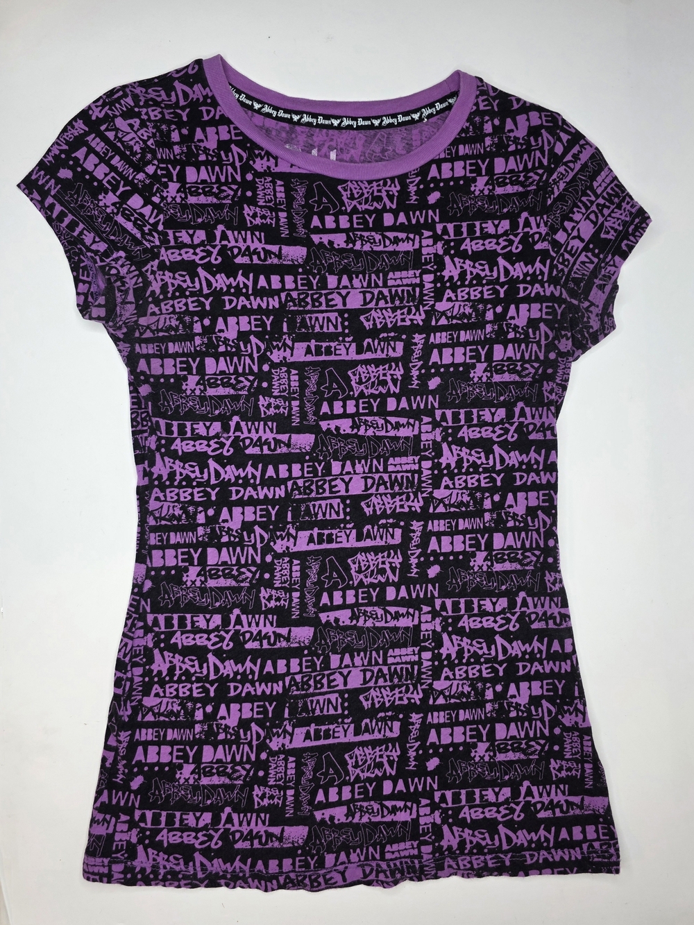 Rare VTG Y2K Abbey Dawn by Avril Lavigne All-Over Print Logo Graphic Tee M